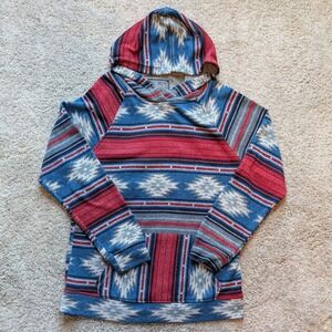 Brooklyn Cloth Hoodie Mens Large Blue Red Southwestern Aztec Fleece Pullover